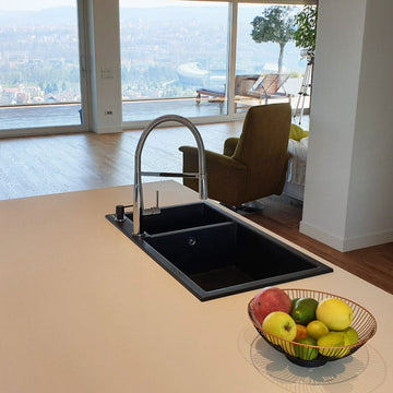 Chiuveta bucatarie granit dubla cu 2 cuve Neagra / Black Metal quartz + accesorii montaj, 860x500x200 mm, cod 6064